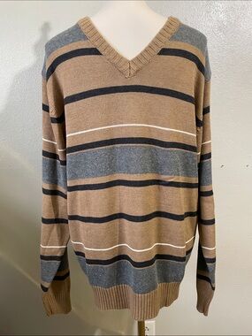 Oscar De La Renta NWT Striped V Neck Sweater Tan Gray Large Cotton Classic